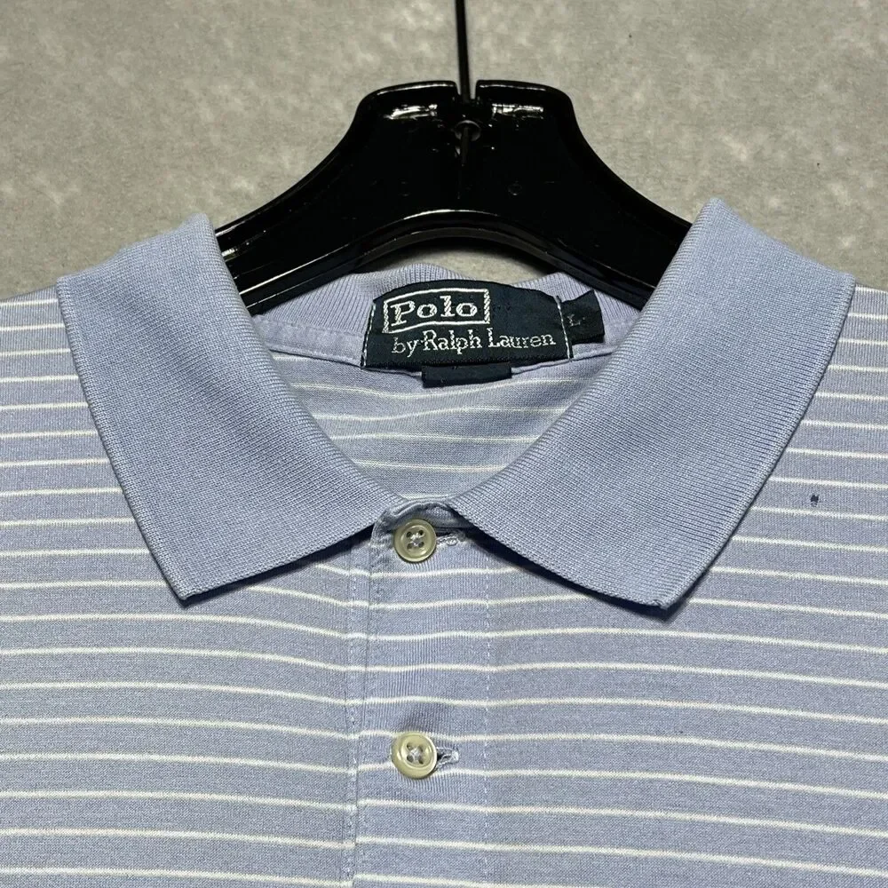 Polo Ralph Lauren Shirt Mens Large Blue Striped Short Sleeve Polo Soft Cotton - Picture 6 of 13
